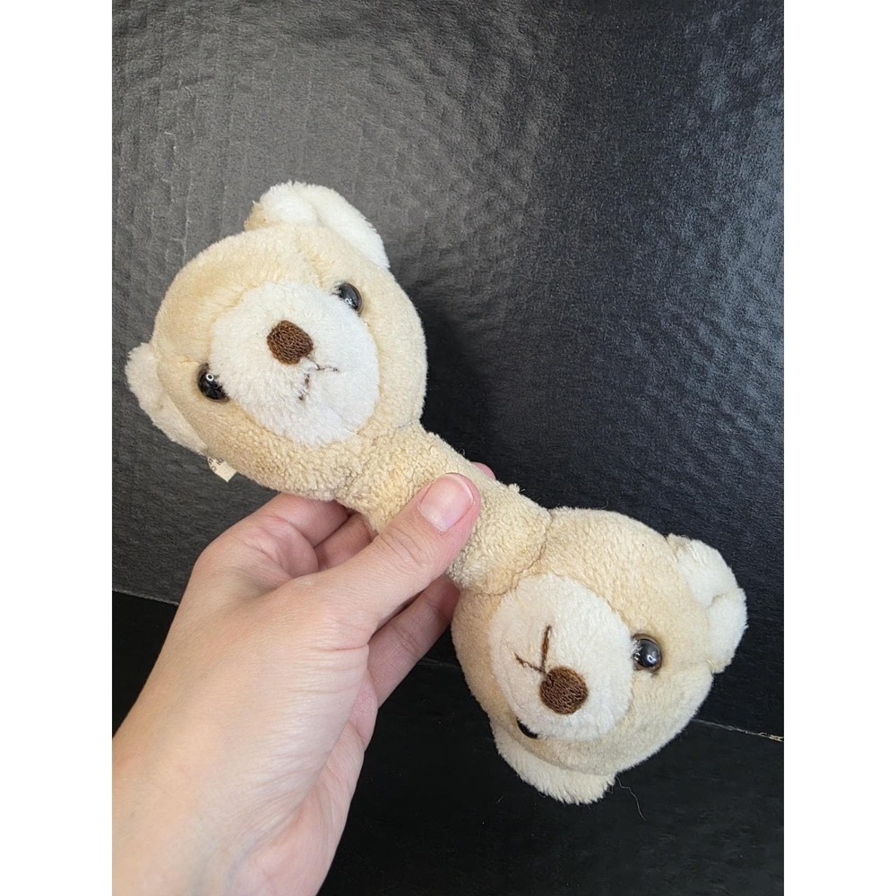 Vintage Richard Toy Co Tan Plush Teddy Bear Baby Rattle, Two-Headed Stuffed